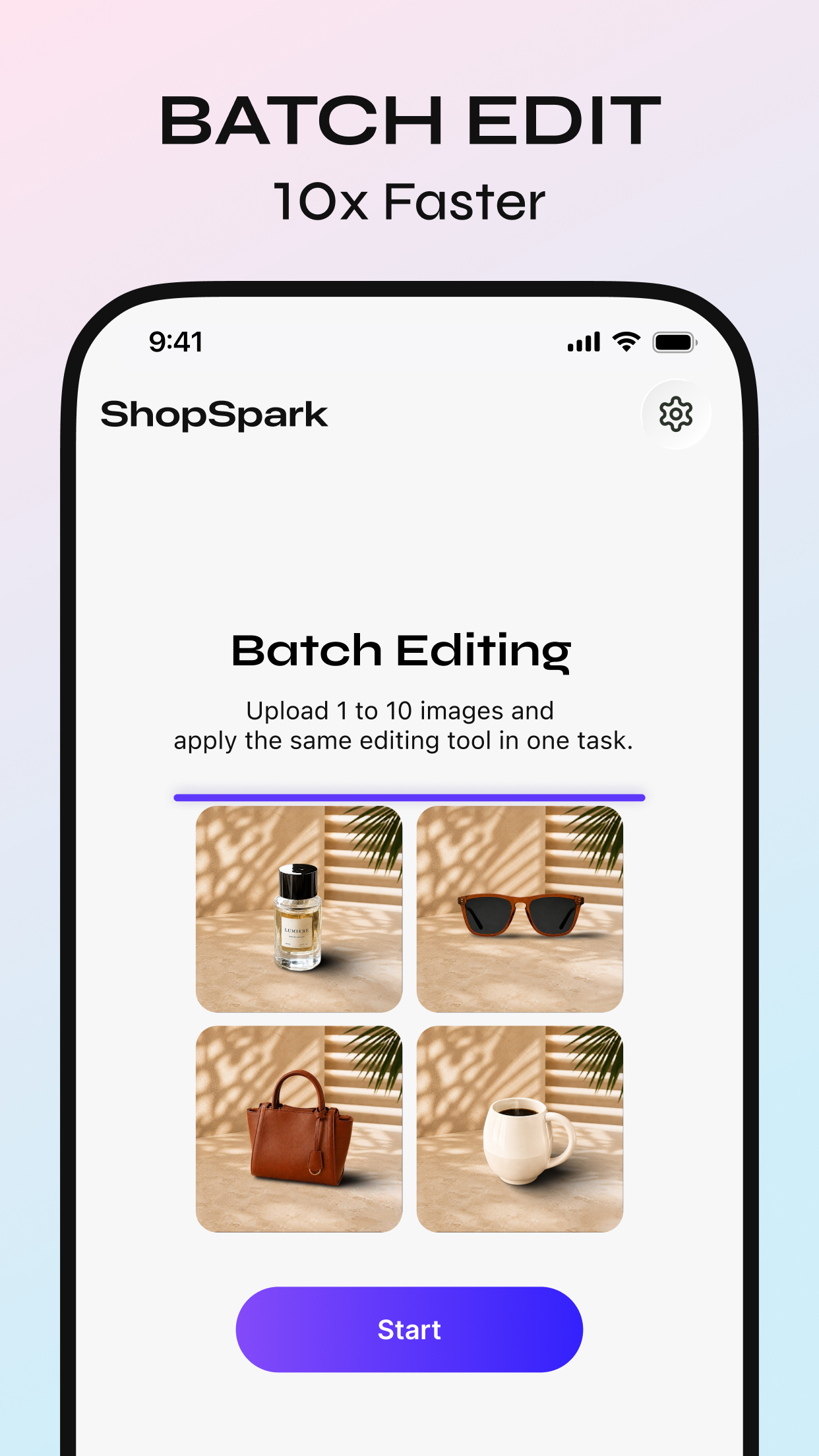 ShopSpark batch editing screen with four product images