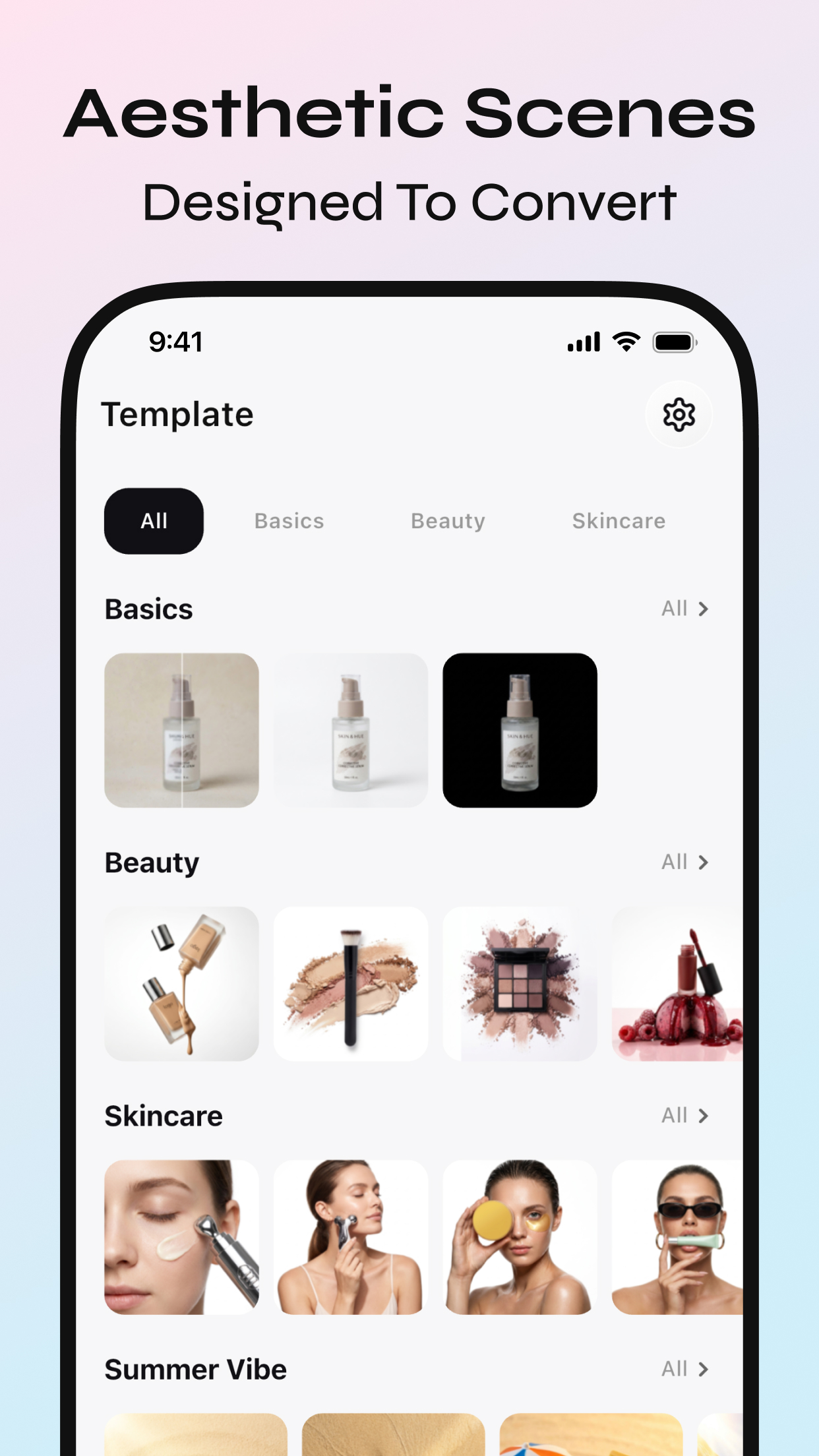 ShopSpark template library for beauty, skincare, and product scenes